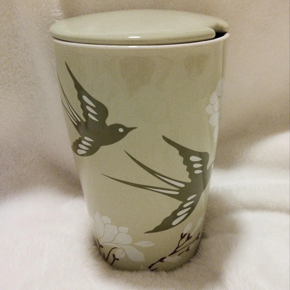 Teaforte Ceramic Green Sparrow Motif Tea Mug with Lid
